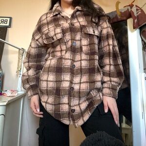 Pacsun oversized brown and tan/pink fluffy button up sweater jacket cardigan